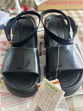 CROCS Black High-Shine Ankle-Strap Wedge Sandals